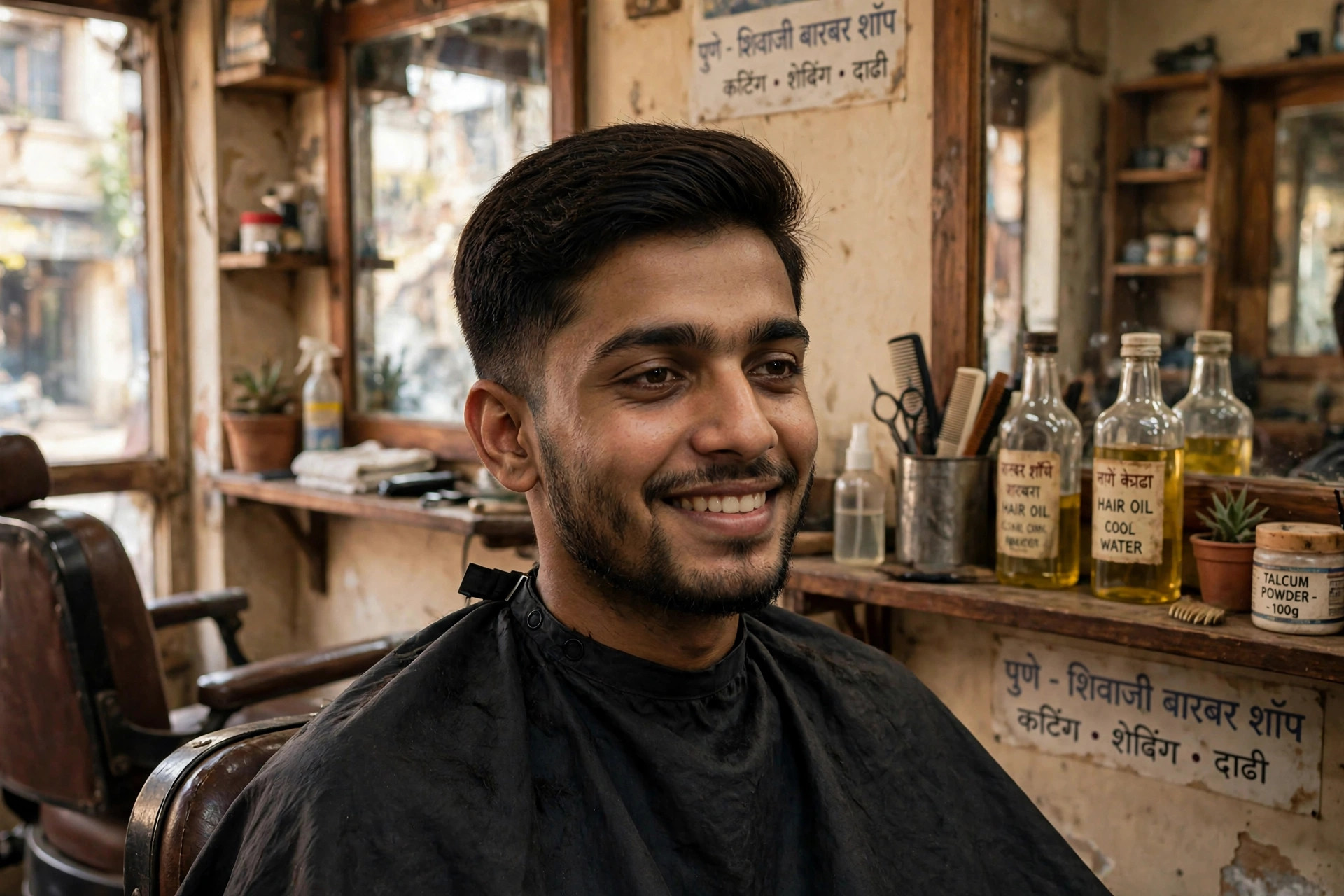 Same man with a sharp haircut and shaped beard looking confident after grooming