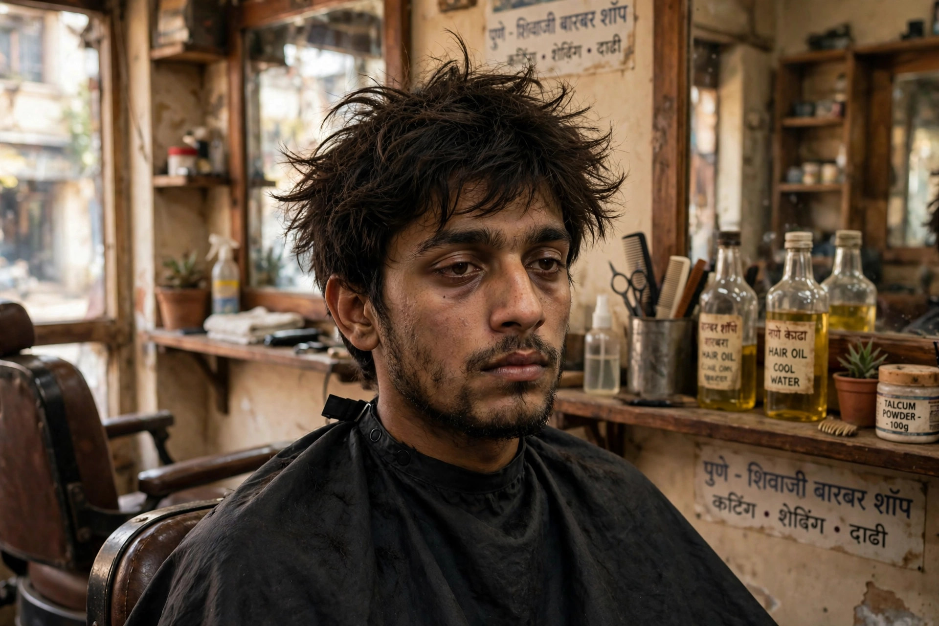 Man with messy hair and patchy beard looking tired before grooming